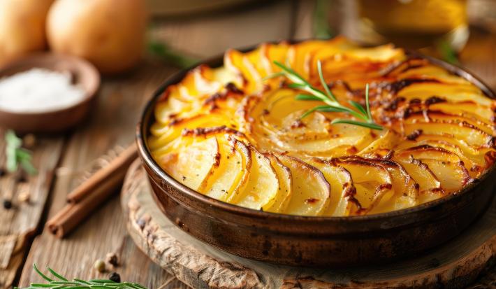 Fotografia de uma travessa redonda com batatas em fatias gratinadas no forno, sobre um apoio de madeira, também apoiado em uma mesa de madeira.