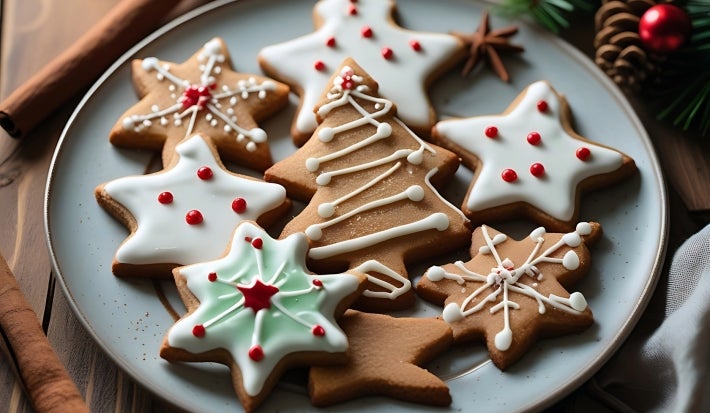 Em cima de uma mesa, prato redondo em com biscoitos em formatos de estrelas e árvore de Natal, decorado com glacê colorido.