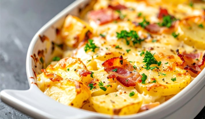 Em cima de uma mesa, refratário com batata gratinada com queijo e bacon crocante.