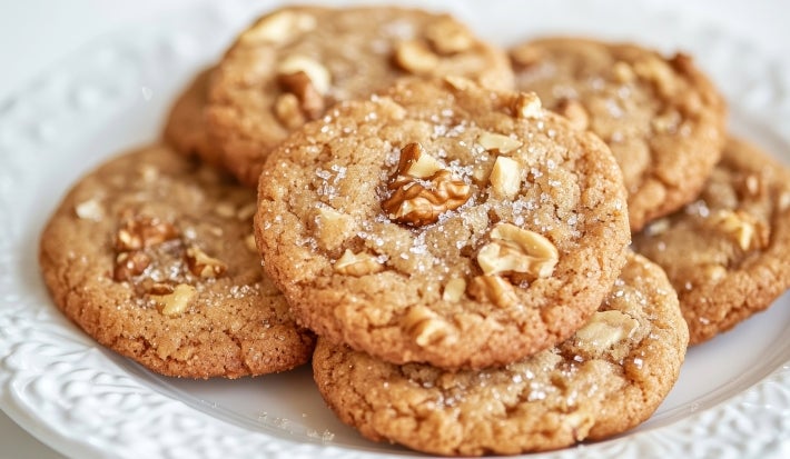 Em cima de uma mesa, prato redondo branco com biscoitos com nozes picadas e açúcar cristal.