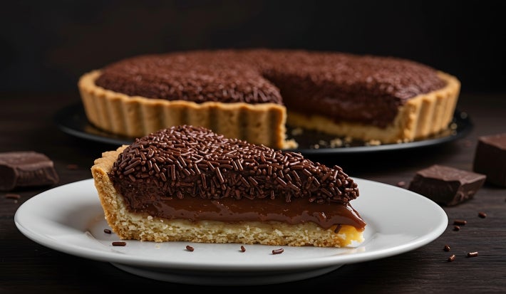 Fotografia em tons escuros de uma fatia de torta de brigadeiro em um prato branco pequeno e raso de cor branca. Ao fundo tem o restante da torta de brigadeiro em um apoio escuro, como um prato grande preto sobre uma mesa de madeira escura.