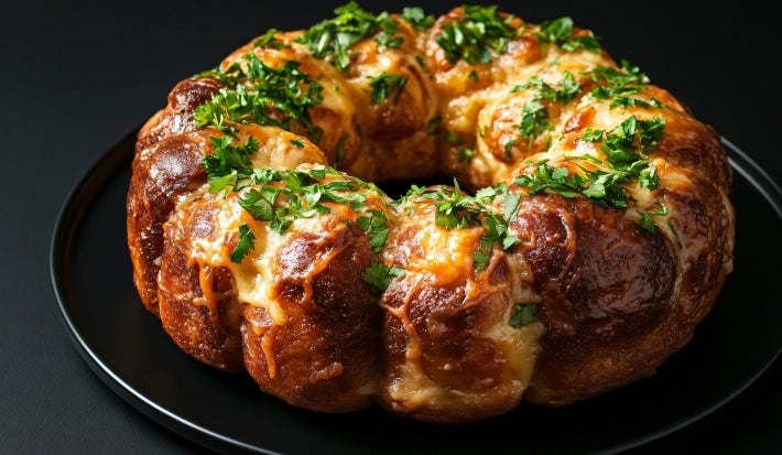 Fotografia de um bolo em formato de anel, com crosta dourada e brilhante, coberto com queijo derretido e ervas frescas. O bolo é apresentado em um prato preto.