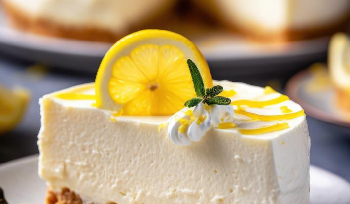 Fotografia de uma torta de limão siciliano com base de biscoito passatempo. Por cima da torta tem raspas e uma fatia de limão siciliano, ao lado de um pouco de creme tipo chantilly.