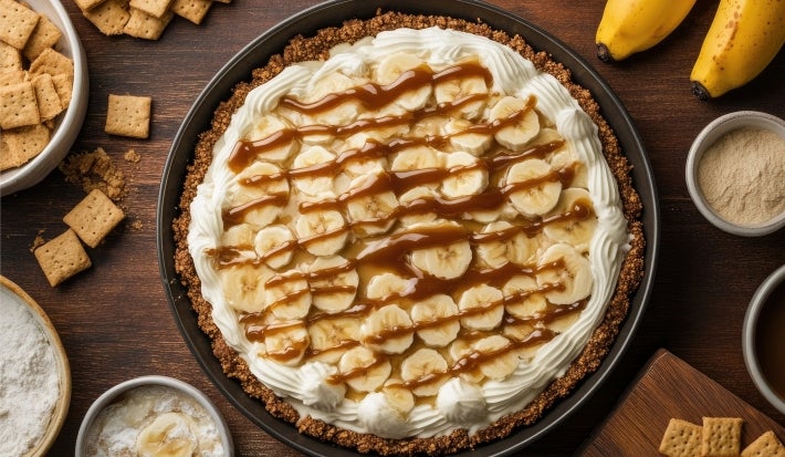Em cima de uma mesa, refratário redondo com massa crocante, decorado com chantilly, bananas em rodelas e linhas de doce de leite.