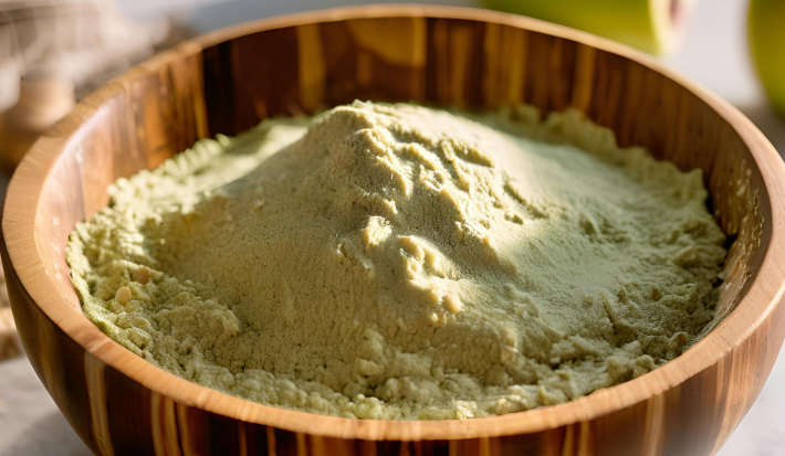 Foto aproximada da receita de Farinha da Felicidade, em tom verde claro, servida em um recipiente de madeira