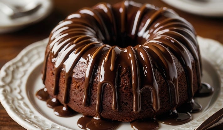 Fotografia de um bolo de chocolate em forma de bundt, coberto com um rico glacê de chocolate, apresentado em um prato decorativo.