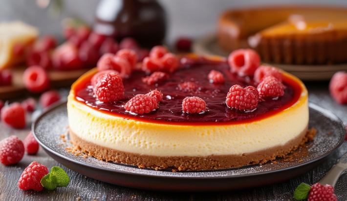 Fotografia em tons de vermelho com um prato preto recondo ao centro. Em cima do prato existe uma receita de cheesecake coberto com uma calda de frutas vermelhas e várias amoras.