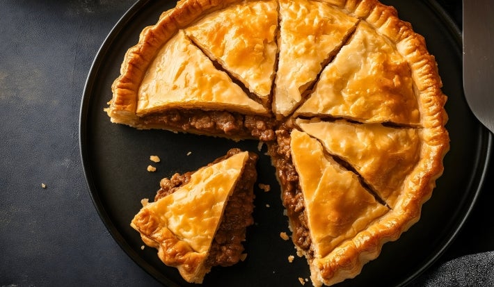 Torta dourada e crocante com massa rústica, recheio visível de carne moída suculenta, destacando-se no corte.