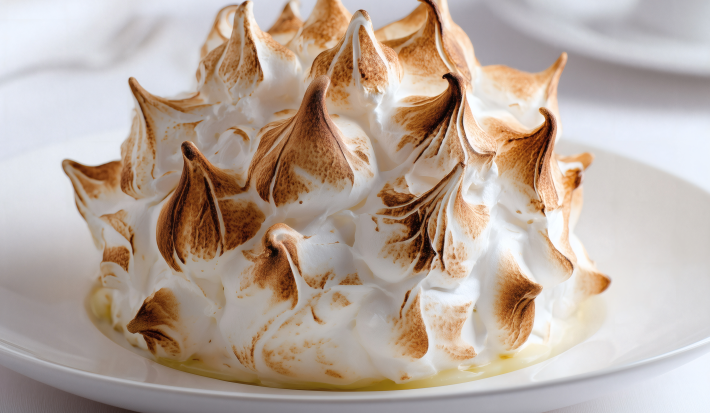 Baked Alaska individual com merengue tostado e textura cremosa servido em prato branco elegante