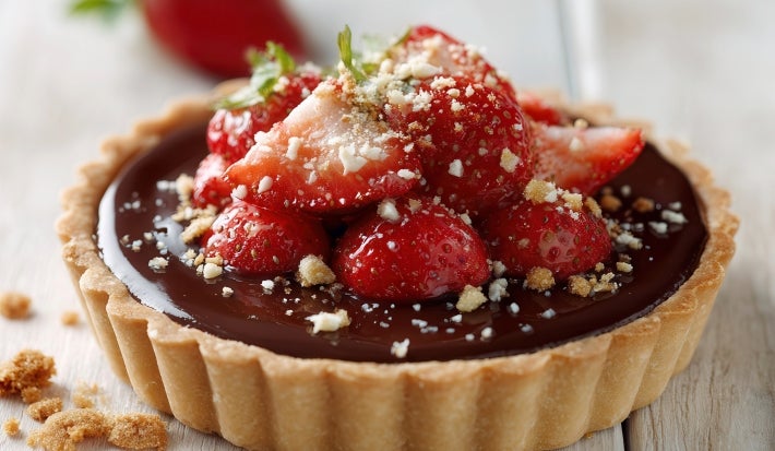 Fotografia de uma mini torta de bombom de morango, por cima tem ganahce de chocolate, alguns morangos decorando e um pouco da base triturada. A torta está sobre uma mesa de madeira clara, e ao fundo tem um morango inteiro.