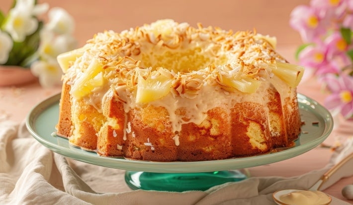 Um bolo de abacaxi com coco em formato de anel, coberto com uma calda branca cremosa, pedaços de abacaxi e coco tostado por cima. O bolo está sobre um prato verde claro e é decorado com flores ao fundo, em um cenário claro e delicado.