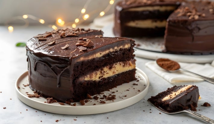 Em cima de uma mesa, prato redondo com fatia de bolo de chocolate fofinho, recheado com creme branco e com cobertura de chocolate.