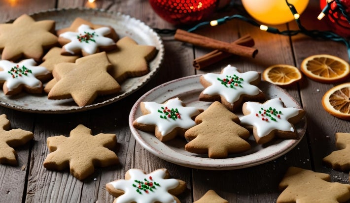 Em cima de uma mesa, prato redondo com biscoitos em forma e estrelas e árvore de Natal, decorados com glacê branco e confeitos de bolinhas coloridas.
