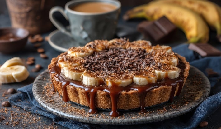Em cima de uma mesa, prato com banoffee com massa de biscoitos crocante, bananas em rodelas, polvilhado com chocolate em pó.