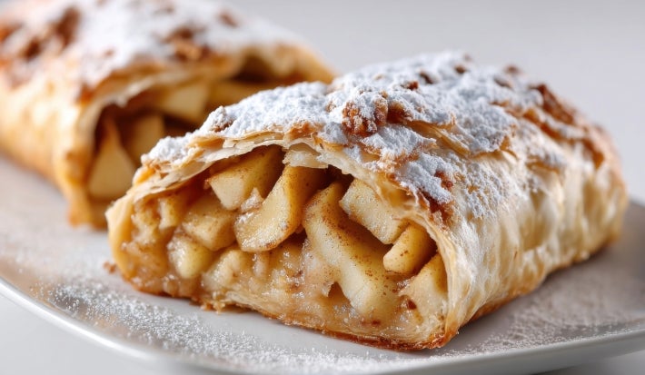 Fotografia em tons claros de um strudel de maçã cortado ao meio, sobre um prato branco raso. O strudel mostra o rechieo de maçã em pedaços com canela, e por cima tem açúcar de confeiteiro.