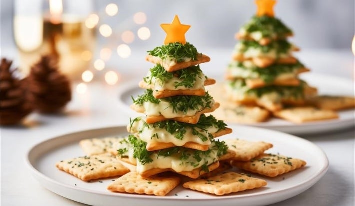 Em cima de uma mesa, prato redondo com bolachas, intercalando com as bolachas, creme branco cremoso, decorado com cheiro-verde picado e um pedaço de queijo em formado de estrela.