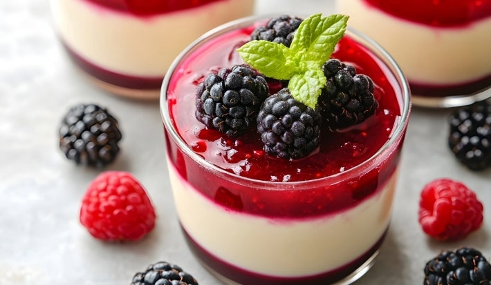 Fotografia de uma elegante sobremesa em um copo transparente, com uma base cremosa branca, coberta por um vibrante compota de frutas vermelhas, decorada com amoras frescas e uma folha de hortelã.