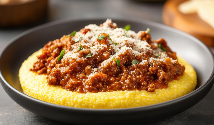 Fotografia mostra um angu cremoso, coberta com carne moída bem temperada e queijo mussarela por cima.