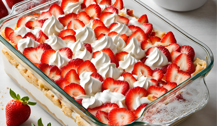 A fotografia mostra um refratário transparente exibe camadas bem definidas de creme claro e biscoitos, com uma cobertura generosa de chantilly decorada com morangos frescos