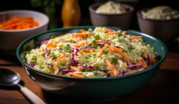 Em cima de uma mesa,  tigela com salada de maionese cremosa e colorida com cenouras raladas e repolho roxo ralado, decoradas com folhas de cheiro-verde.