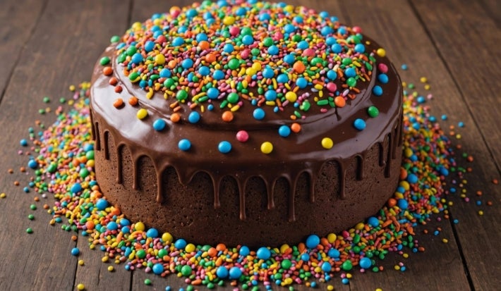 Fotografia de um bolo de chocolate com um brilho elegante, com glacê escorrendo pelas laterais. Decorado com uma variedade de confeitos coloridos, a imagem destaca o bolo em um fundo de madeira.