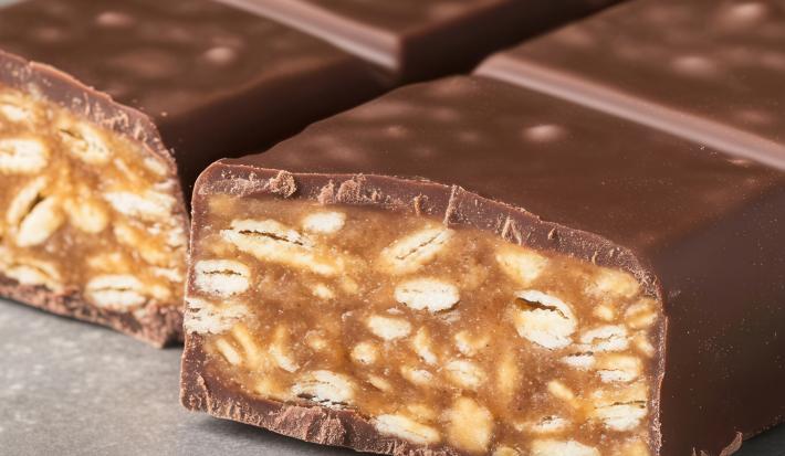 Fotografia de duas barras de chocolate com amendoim cortadas na metade sobre uma mesa de cimento queimado.