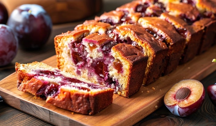 Um bolo inteiro com ameixas assadas cortado em fatias, colocado sobre uma tábua de madeira. As ameixas estão bem visíveis entre a massa dourada e fofa do bolo. Algumas ameixas frescas, incluindo uma cortada ao meio, estão decorando a cena.