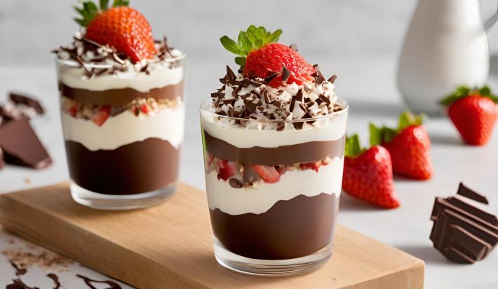 Fotografia de dois copos grandes de vidro com uma sobremesa cremosa de creme de prestígio, chocolate e alguns morangos. O copo por cima tem alguns prestígios quebrados e morango. Os copos estão em uma tábua retangular de madeira.