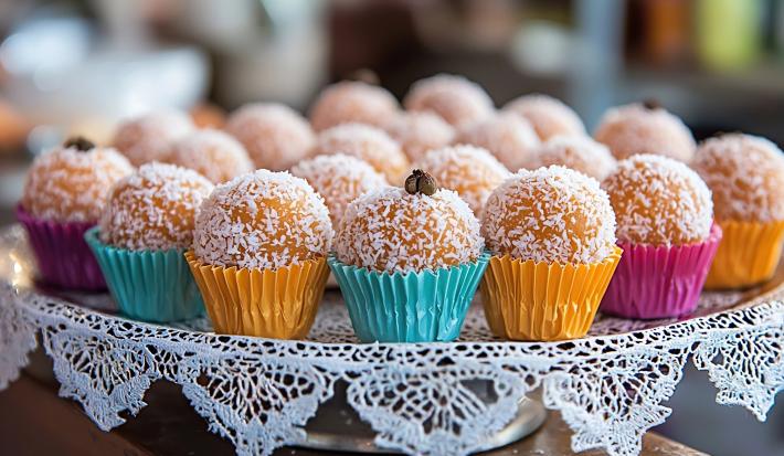 Fotografia de um apoio decorativo branco com beijinhos enrolados no coco e dentro de várias forminas coloridas.