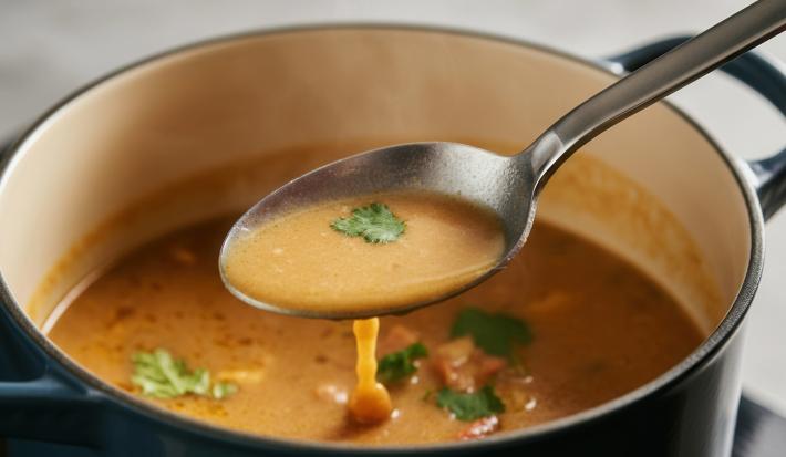 Fotografia de uma panela média de cor escura com a parte de dentro branca. Dentro da panela tem uma receita de caldo de ovo com algumas folhas de coentro. Sobre a panela tem uma colher de sopa carregando um pouco de caldo.