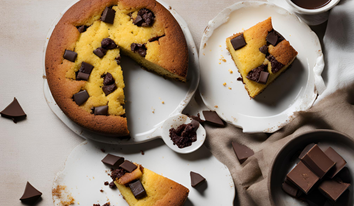 Fotografia mostra uma mesa posta com um bolo de fubá com pedaços chocolate.