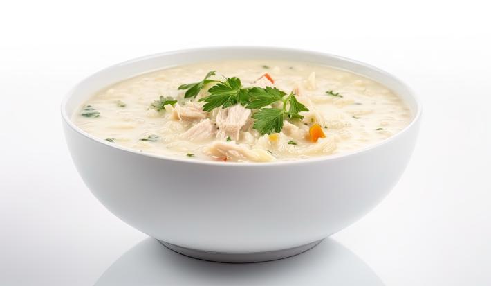 Fotografia em tons claros de um recipiente fundo de vidro na cor branco, e dentro, uma sopa de arroz e galinha com agrião e cenoura. O recipiente está sobre uma mesa branca, com um fundo da mesma cor.