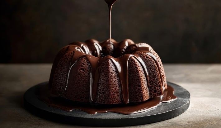 Bolo de chocolate bundt em um prato escuro, sendo coberto com um molho de chocolate brilhante. O fundo desfocado destaca o bolo, que apresenta uma textura densa e úmida, criando uma apresentação apetitosa.