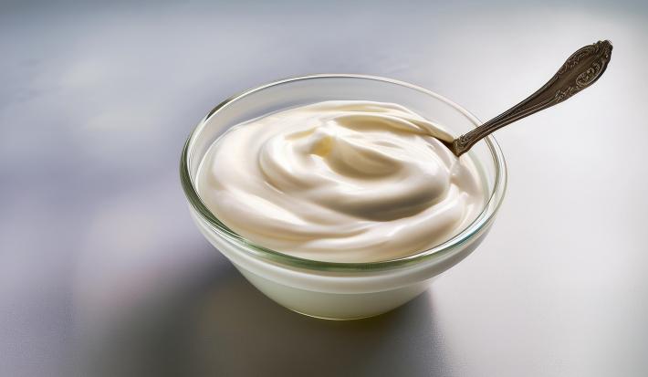 Foto aproximada de um pote de vidro com um creme branco dentro e uma colher de prata