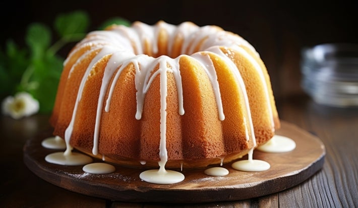 Fotografia de um bolo bundt dourado, coberto com um glacê branco que escorre elegantemente pelas laterais. O bolo está sobre uma tábua de madeira rústica.