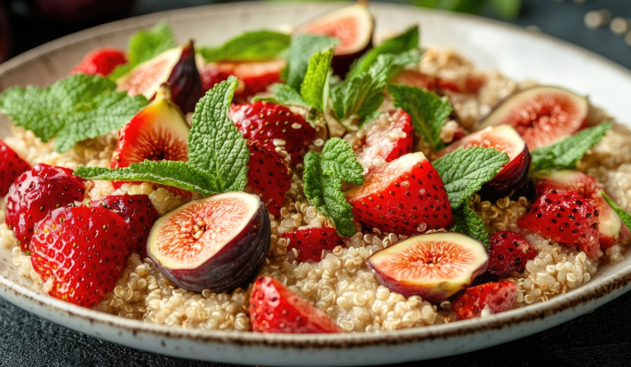 Sobre um prato de cerâmica em tons claro está uma porção de quinoa clara cozida com morangos bem vermelhos, figos e folhas verdes de hortelã.