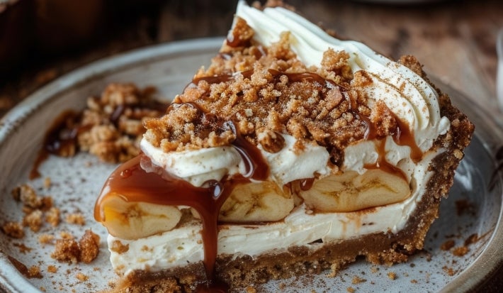 Em cima de uma mesa, fatia de banoffee com massa de biscoitos crocante, chantilly cremoso, bananas em rodelas, decorado com chantilly e nozes picadas.