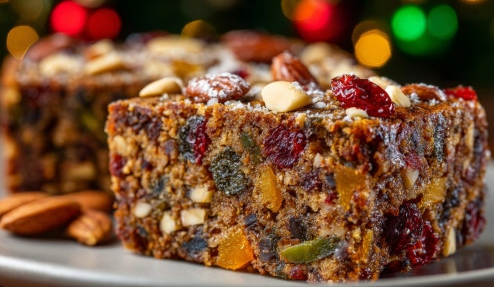 Fotografia de uma fatia de bolo de frutas, repleta de frutas secas coloridas e nozes, com um toque de açúcar em pó. O fundo apresenta luzes festivas em vermelho, verde e dourado, criando um ambiente natalino.