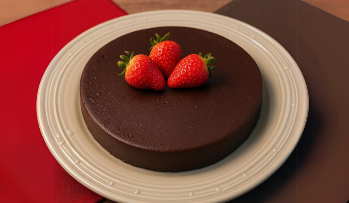 Fotografia em tons de vermelho com um prato branco ao centro. Em cima do prato existe uma receita de torta de chocolate de 3 ingredientes