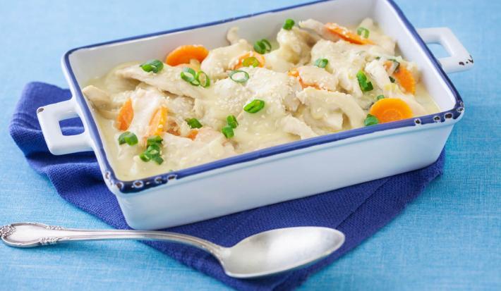 fotografia em tons de azul e branco de uma bancada azul vista de cima. Contém um pano azul, um recipiente branco retangular com alças e dentro contém pedaços de frango com cenouras e cebolinhas com uma colher ao lado.