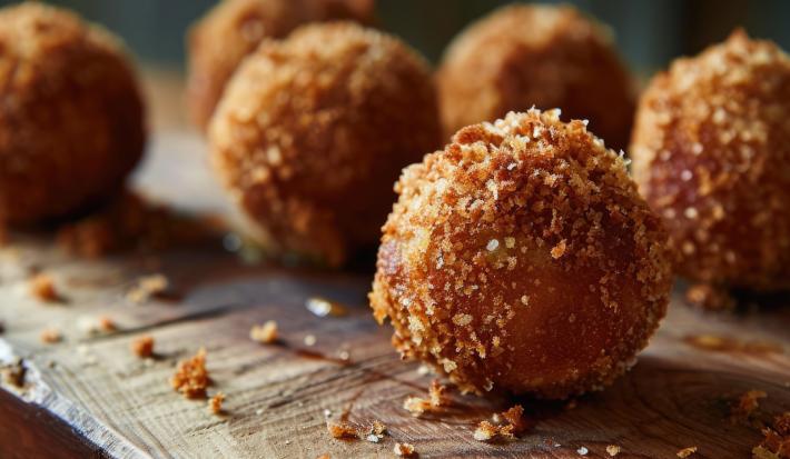 Fotografia em tons de marrom e caramelo com uma tábua ao centro. Em cima da tábua existe 6 pequenas bolinhas empanadas em uma farinha crocante e tostadas
