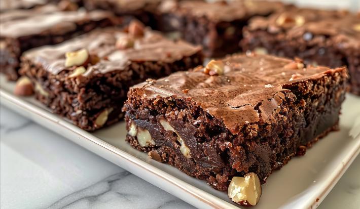 Fotografia de vários pedaços de brownie com castanha com avelã sobre um apoio retangular branco, o qual está apoiado em uma mesa branca de mármore.