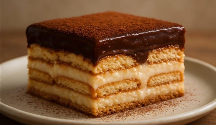Fotografia que mostra um pedaço perfeito da torta alemã com camadas de biscoito e creme, com uma cobertura de chocolate em pó. O pedaço está sobre um prato pequeno e raso, de tom cinza claro, sobre uma mesa de madeira.