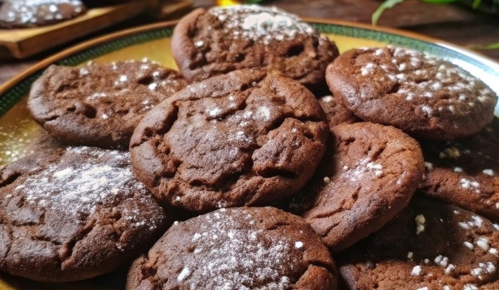 Em cima de uma mesa, prato com biscoitos de chocolate, polvilhados com açúcar de confeiteiro.