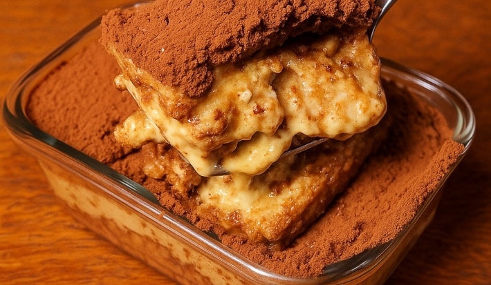 Fotografia em tons terrosos com uma travessa de vidro ao centro. Dentro da travessa existe uma receita de tiramissu feita com creme de castanha de caju, biscoito champanhe e finalizada com cacau em pó