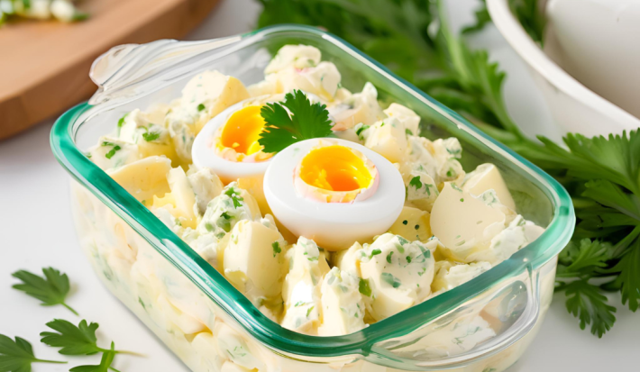 Foto da receita de batatonese de bacon servida em um refratário de vidro com batatas, maioneses, ovo cozido e cheiro verde, sobre uma mesa branca com folhas de cheiro verde como decoração