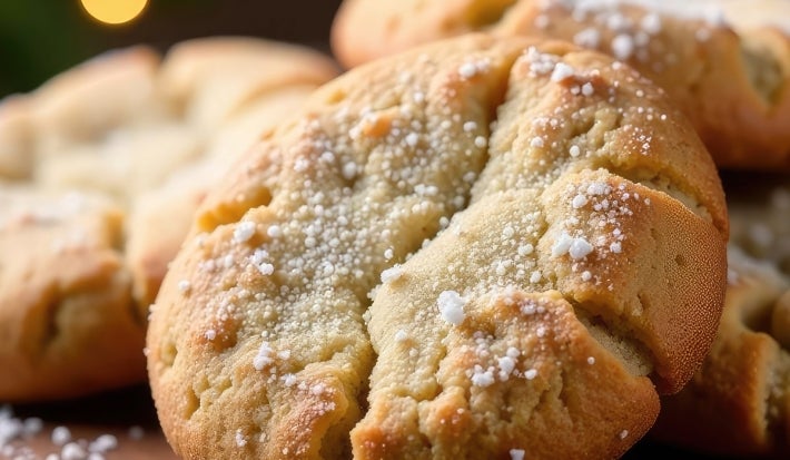 Em cima de uma mesa, biscoito crocante, polvilhado com açúcar de confeiteiro.