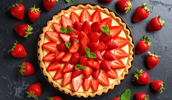 Fotografia vista de cima de uma torta de morango perfeita com pedaços decorando perfeitamente a torta com folhas de hortelã. Ao redor tem vários morangos inteiros sobre uma mesa preta.