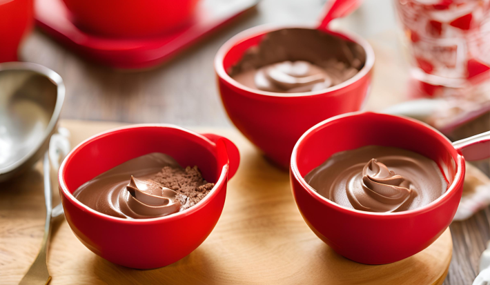 Fotografia em tons de vermelho com três potes vermelhos ao centro. Dentro de cada pote existe uma mousse de chocolate cremosa feita com NINHO Primeira Infância