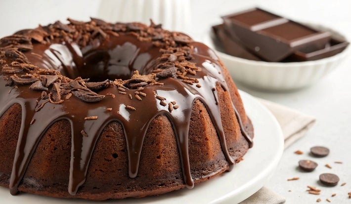 Fotografia de um bolo de chocolate, com uma cobertura brilhante que desce pelas laterais. O topo é enfeitado com raspas e granulado de chocolate, em um prato branco, com um fundo que mostra uma tigela com pedaços de chocolate.